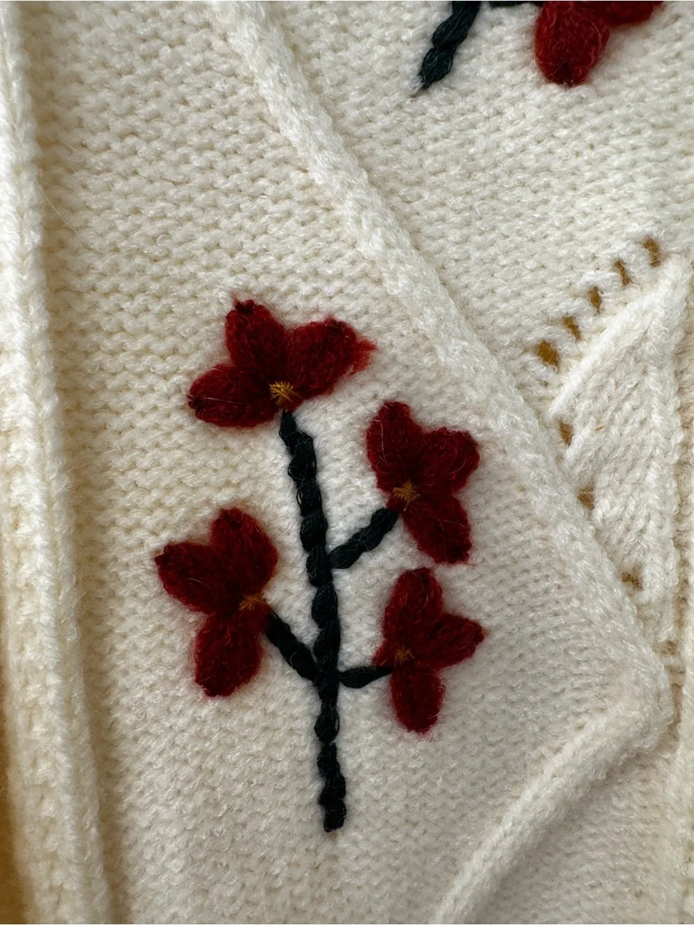Handmade Cream Chunky Knit Button-Front Sweater with Burgundy Floral Embroidery